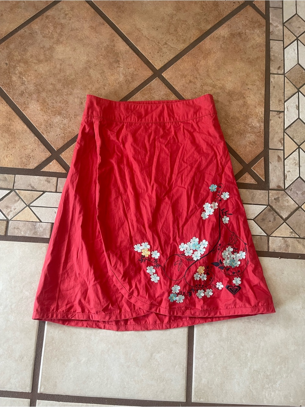 Roxy Red A-Line Skirt with White Floral Embroidery wrap- style skirt
